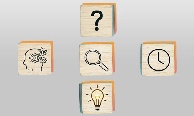 Blocks that show a question mark, magnifying glass, and bright light bulb