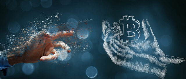 A disappearing hand is reaching for an illustrated hand holding a bitcoin symbol