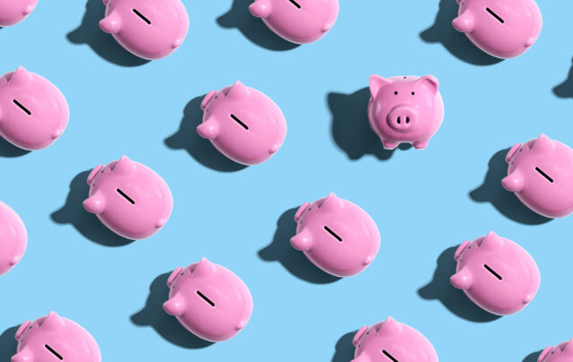 Pink piggy banks overhead view